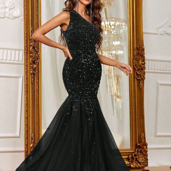 Black Women's One Shoulder Sequin Formal Prom Evening Gown - Picture 6 of 6